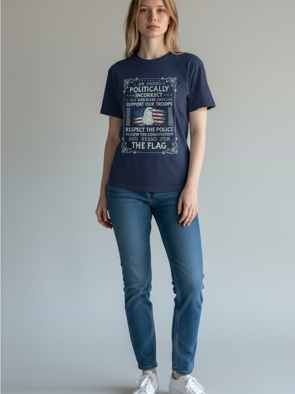 Patriotic Flag and Eagle Tee Shirt Navy  Blue Size Large Respect the Police